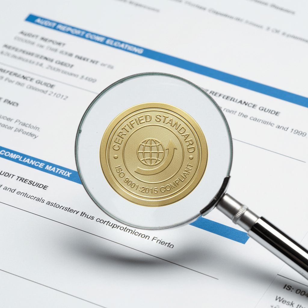 Magnifying glass examining ISO certification seal details on official compliance documentation Magnifying glass examining ISO certification seal details on official compliance documentation